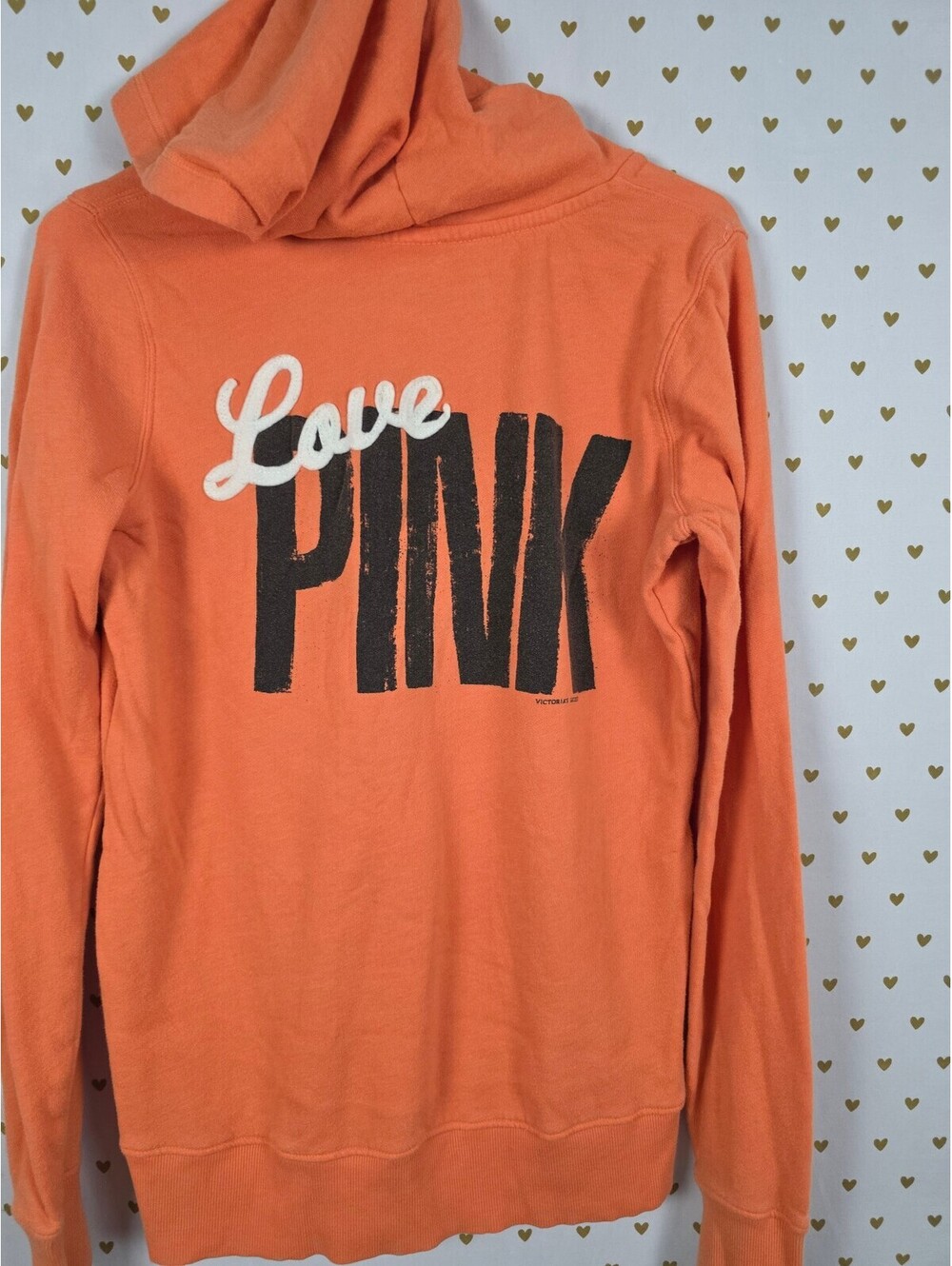 Victorias Secret Pink Pullover LOVE Orange V Neck Hoodie Sweater XS